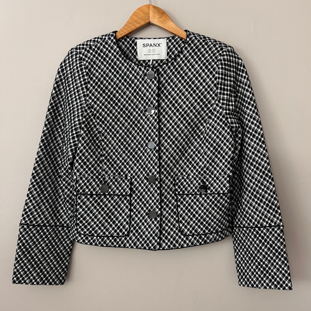SPANX Lady Jacket Womens Small Petite Black White Gingham Check Stretch NWOT